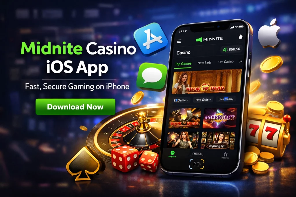 Midnite Casino iOS App banner showing iPhone with casino interface, roulette wheel, dice and gold coins in a dark blue gaming background.