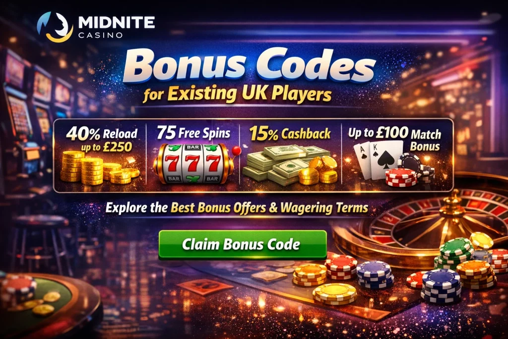 Midnite Casino bonus codes for existing UK players banner featuring 40% reload up to £250, 75 free spins, 15% cashback and £100 match bonus with casino chips and roulette background