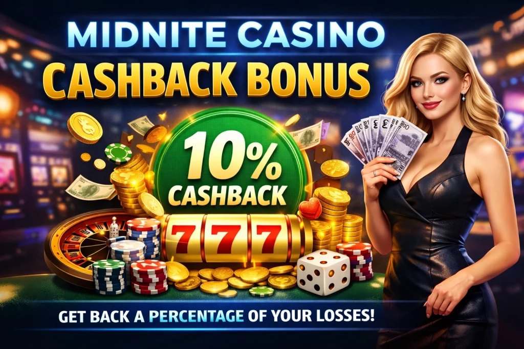 Midnite Casino cashback bonus promotional banner with 10% cashback offer, slot machine 777, roulette wheel, poker chips and UK-themed casino background