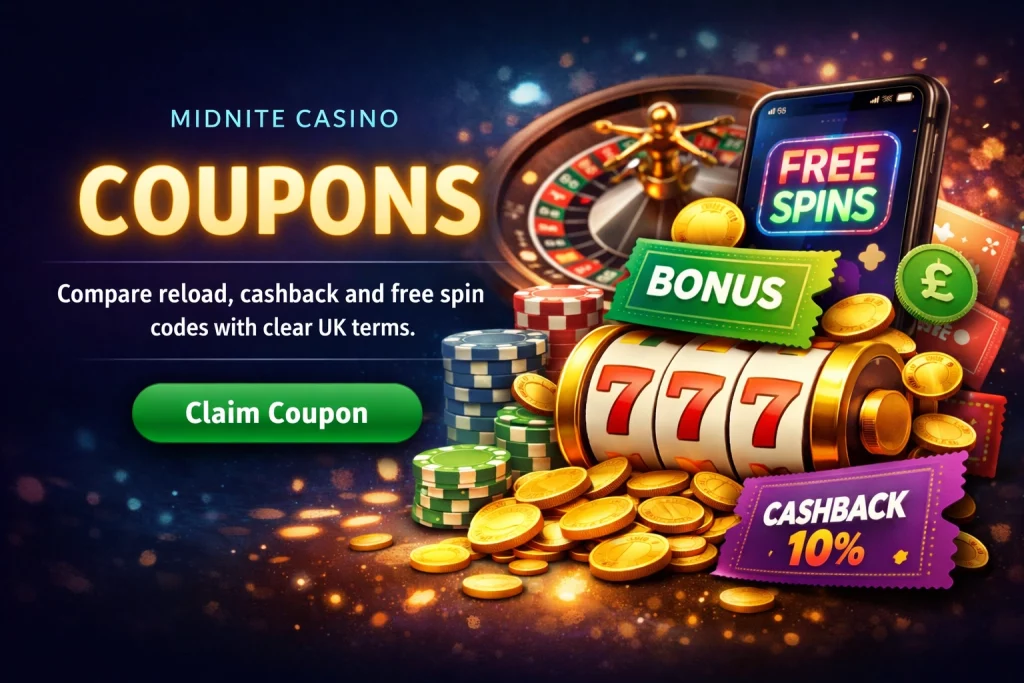 Midnite Casino coupons banner with reload bonus, free spins, cashback offer and slot machine graphics in UK-focused promotional design