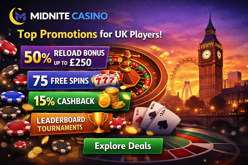Midnite Casino promotions banner for UK players featuring 50% reload up to £250, 75 free spins, 15% cashback and leaderboard tournaments with roulette and London skyline background