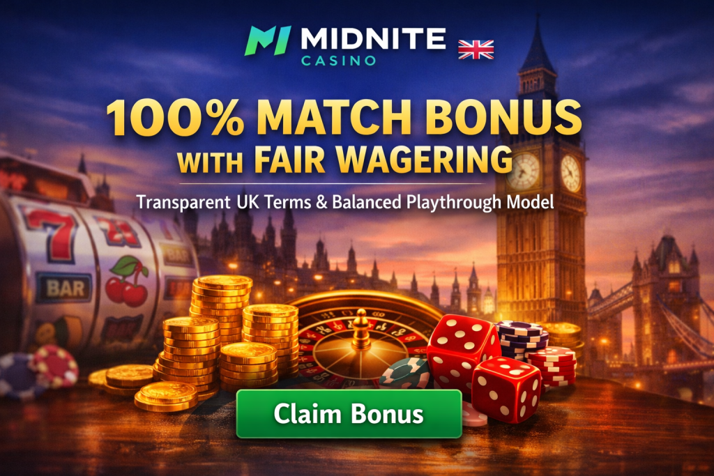Midnite Casino UK welcome offer banner with 100% match bonus, London skyline, roulette wheel, slot machine, gold coins and Claim Bonus button