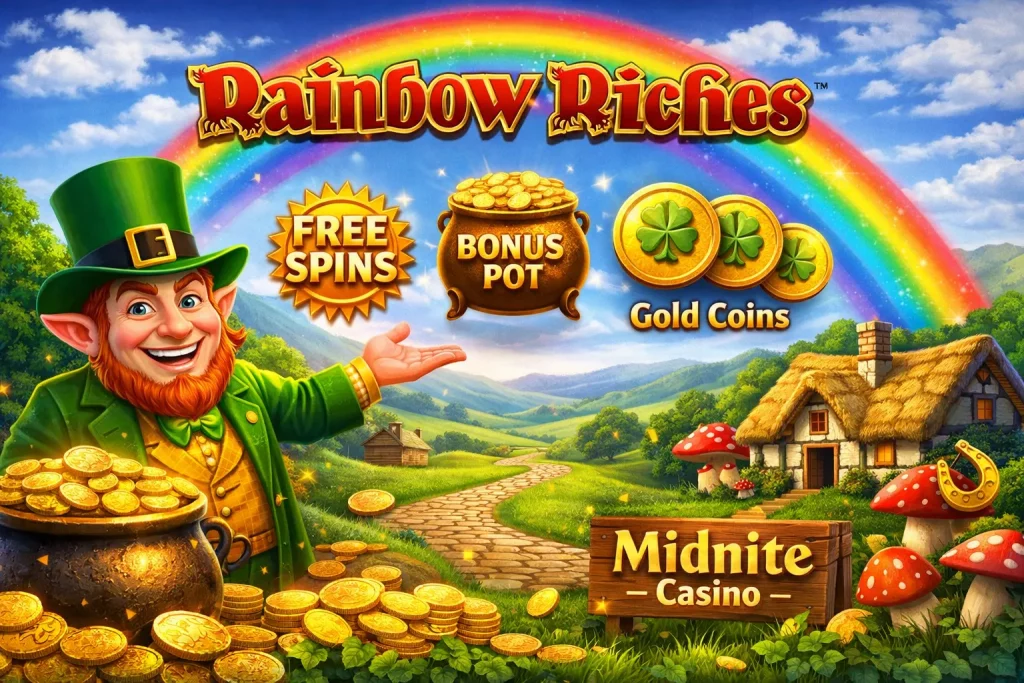 Vibrant digital illustration of Rainbow Riches featuring a cheerful leprechaun, a pot of gold, and symbols like Free Spins and Bonus Pot against a lush countryside backdrop.