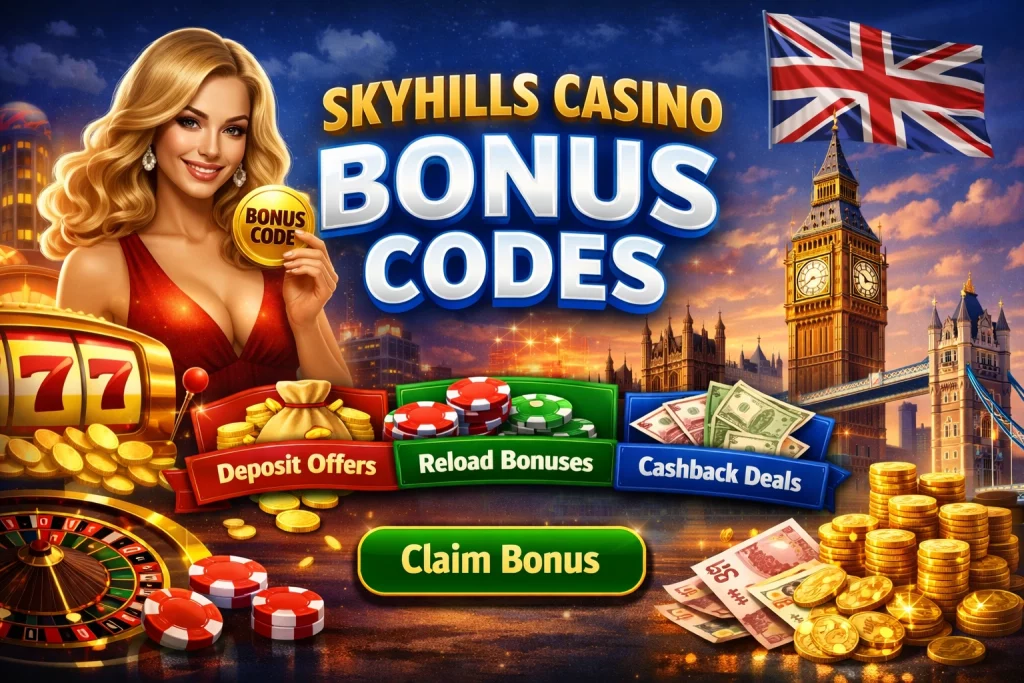 Midnite Casino bonus code promotional illustration with UK theme, slot machine 777, poker chips, cards, and £100 free spins offer displayed on desktop and mobile screens
