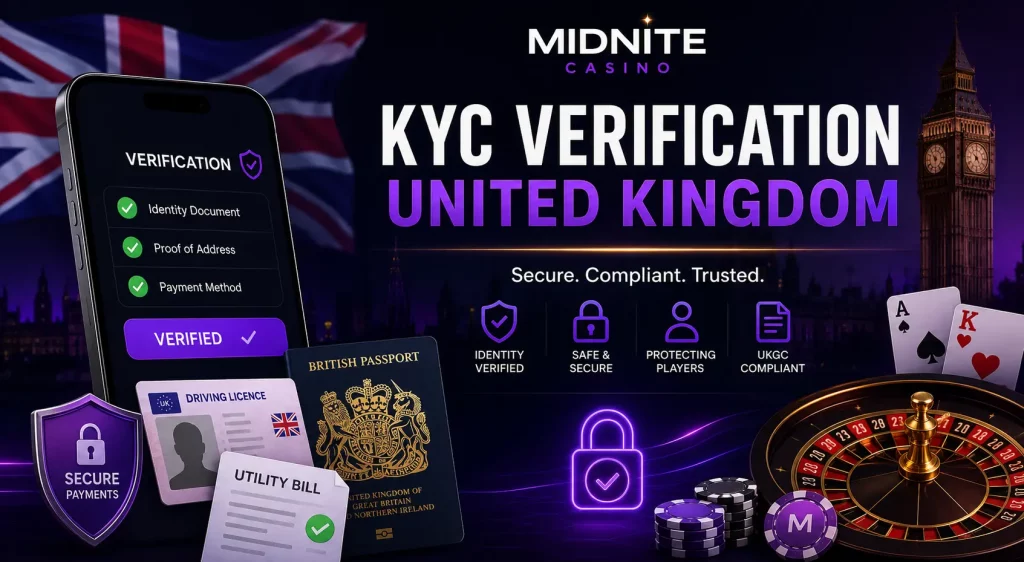 Midnite Casino KYC Verification United Kingdom banner featuring secure identity verification, UK documents, smartphone verification system, casino roulette, and cybersecurity icons on a dark neon background.