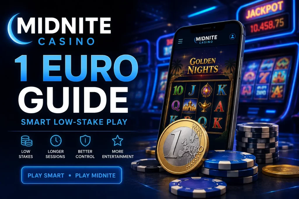 Wide promotional banner for Midnite Casino 1 Euro guide showing neon casino-themed design with slot machine on a smartphone, coins, chips, and bold headline emphasizing low-stake gameplay and longer sessions.