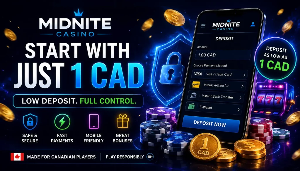 Midnite Casino 1 CAD deposit banner with secure mobile payments, Canadian online casino interface, neon gaming elements, slot machine, and low deposit promotion for Canadian players