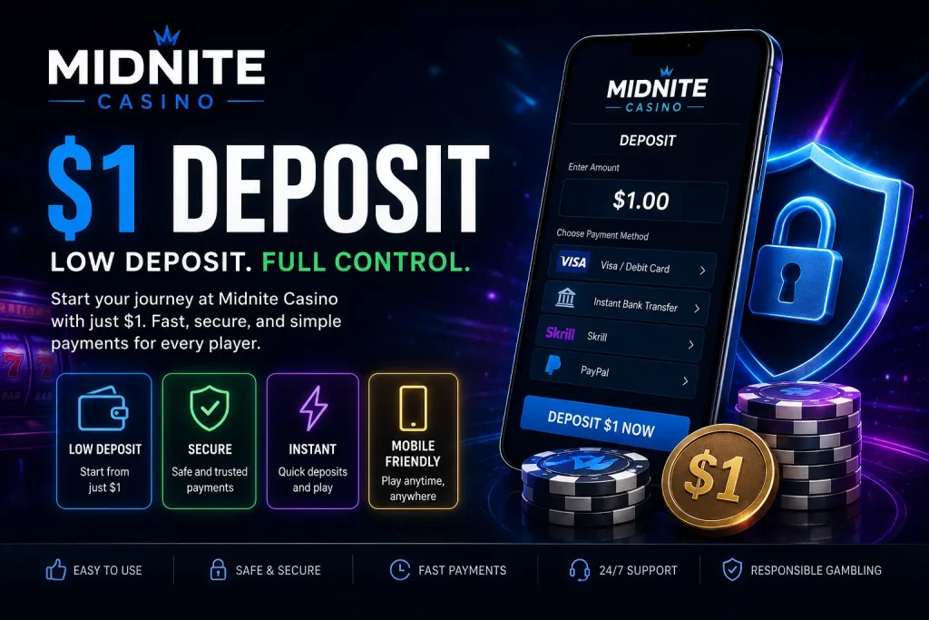 Midnite Casino $1 deposit banner with mobile casino payments, secure low deposit options, neon gaming interface, and UK online casino theme
