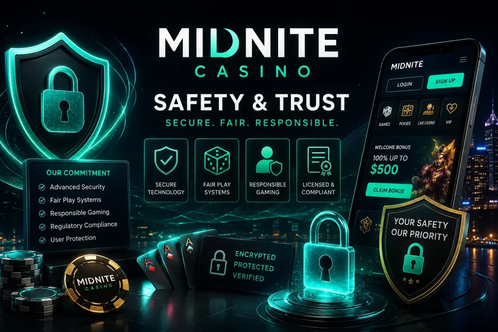 Futuristic digital security landscape showing encrypted data flows, holographic shields, and a secure online platform interface representing casino safety, trust, and fair gaming systems.