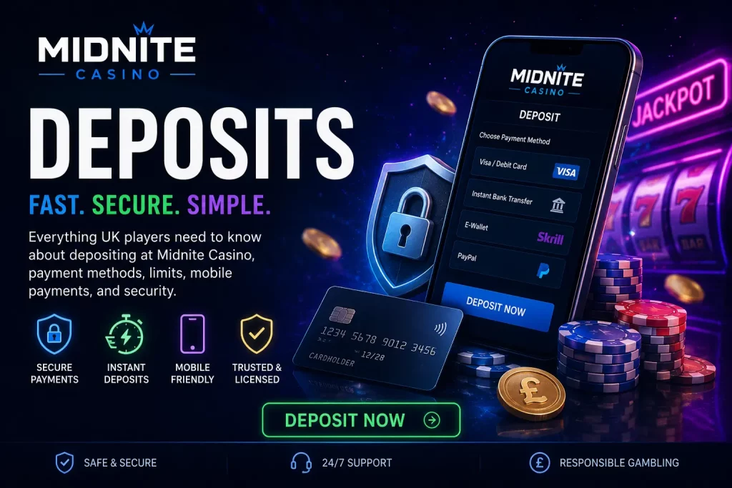 Midnite Casino deposits banner with secure payment methods, mobile casino banking, instant deposits, and UK online gambling interface on dark neon background