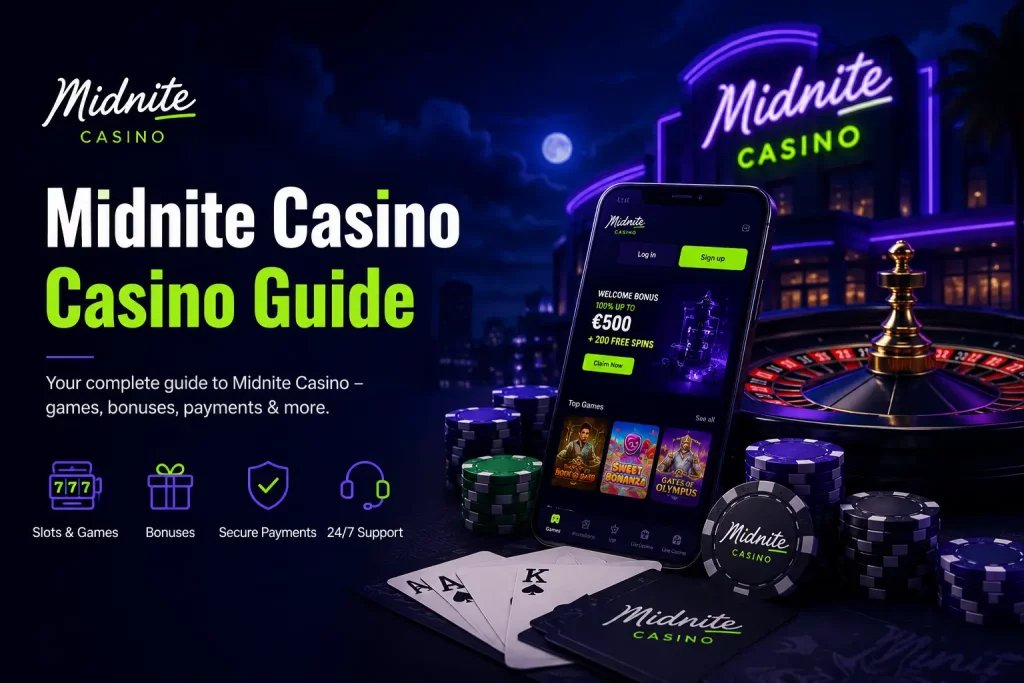 Neon-style promotional banner for “Midnite Casino Casino Guide” featuring a dark futuristic city casino theme, a smartphone showing the casino app interface with bonus offer, stacks of poker chips, playing cards, and a roulette wheel, with bold green and white typography highlighting casino games, bonuses, payments, and support.
