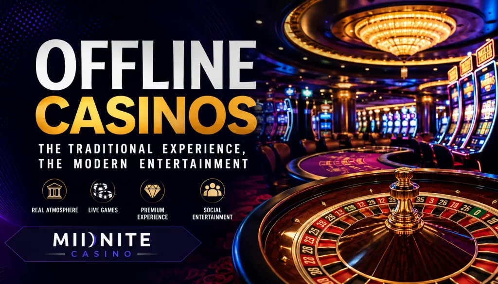 Promotional banner for “Offline Casinos” featuring a luxurious casino interior with slot machines, a roulette table in the foreground, and a large chandelier overhead. The text highlights traditional casino entertainment and includes icons for real atmosphere, live games, premium experience, and social entertainment. Branding for “Midnite Casino” appears at the bottom.