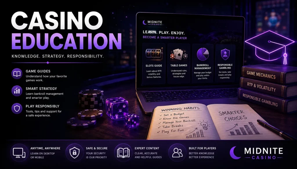 Neon-themed Midnite Casino Education banner featuring a laptop with casino learning guides, glowing purple gaming elements, responsible gambling icons, bankroll management visuals, casino chips, dice, and educational books on a dark futuristic background.