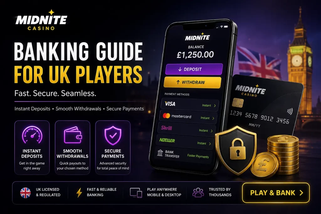 Dark futuristic banking guide banner for Midnite Casino UK showing secure payments, mobile banking interface, Visa card, coins, and UK landmarks with neon purple and gold UI elements highlighting deposits and withdrawals.