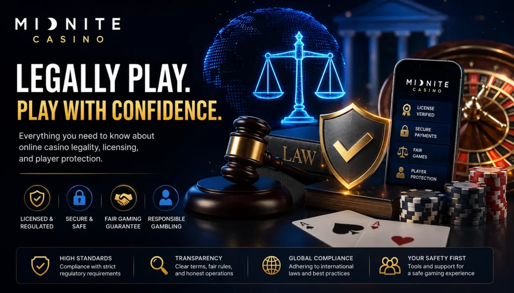Midnite Casino legality banner featuring legal symbols, secure gaming elements, casino chips, roulette wheel, smartphone interface, and player protection graphics on a dark futuristic background.