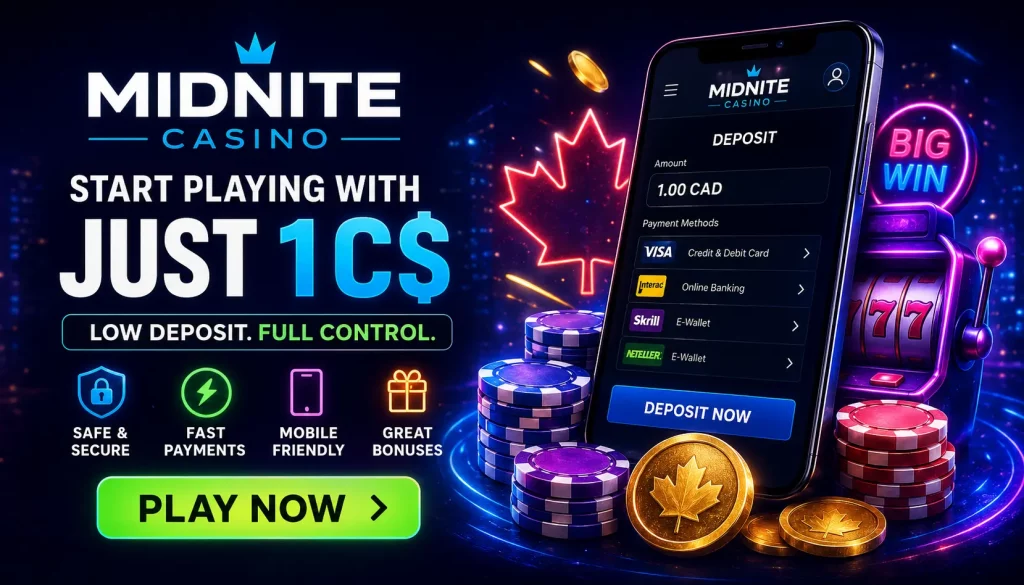 Midnite Casino 1C$ banner with low deposit online casino theme, mobile gaming interface, glowing slot elements, secure payment icons, and modern neon casino design