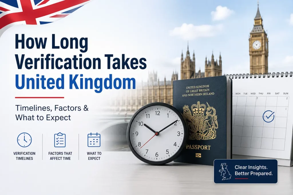 UK verification process illustration featuring the British flag, Big Ben, a UK passport, a clock, and a calendar with a checkmark, highlighting verification timelines, processing factors, and expected approval times in the United Kingdom.