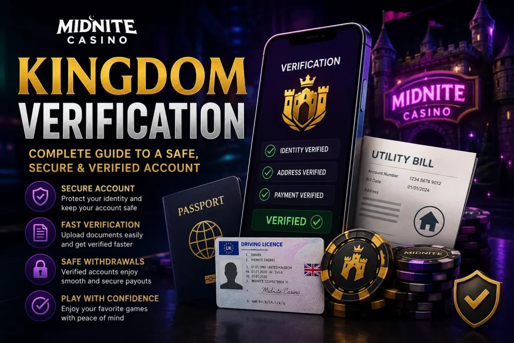 Wide promotional banner for Midnite Casino showing Kingdom Casino verification guide with mobile identity check, documents (passport, utility bill, driving licence), casino chips, and a smartphone displaying verified account status in a dark neon themed gaming environment.