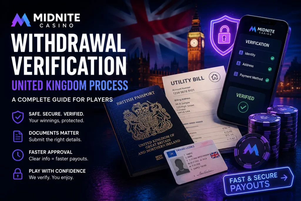 A cinematic promotional banner for Midnite Casino showing the UK withdrawal verification process. The design features identity documents such as a British passport, utility bill, and driving licence alongside a smartphone displaying a “Verified” status. The background includes a stylized UK cityscape with a glowing