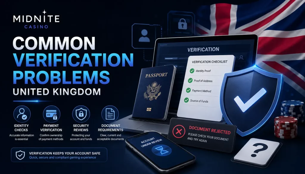 Player completing identity verification for a UK online casino account with secure document checks, account protection, and withdrawal verification process on a digital platform.