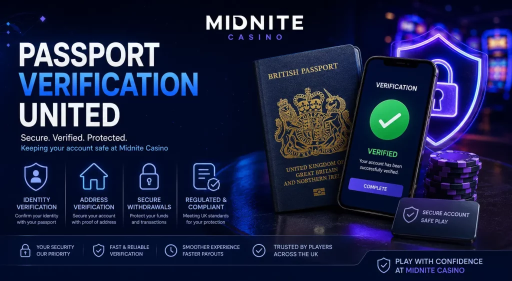 Passport verification process at Midnite Casino showing a UK passport, digital identity verification interface, secure document review system, account security checks, and online casino compliance procedures in a modern dark-themed environment.